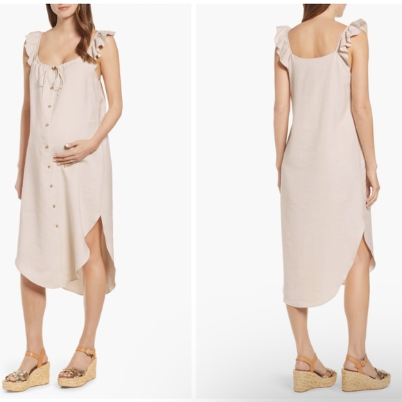 HATCH Jenna White Striped Ruffle Button Cottage Maternity Midi Dress Sz Small - Picture 1 of 8
